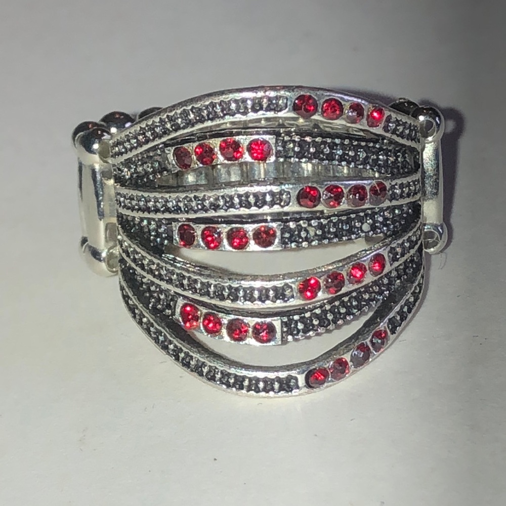 Silver Tone Multi-Row Ring with Red Crystal Accents